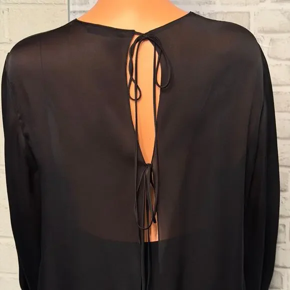 The Row SIlk Sheer Black Tie Open Back Top size XS Bishop Sleeves Tunic Length